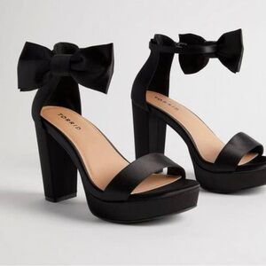 Torrid Black Satin Platform Heels with Ankle Bow strap.